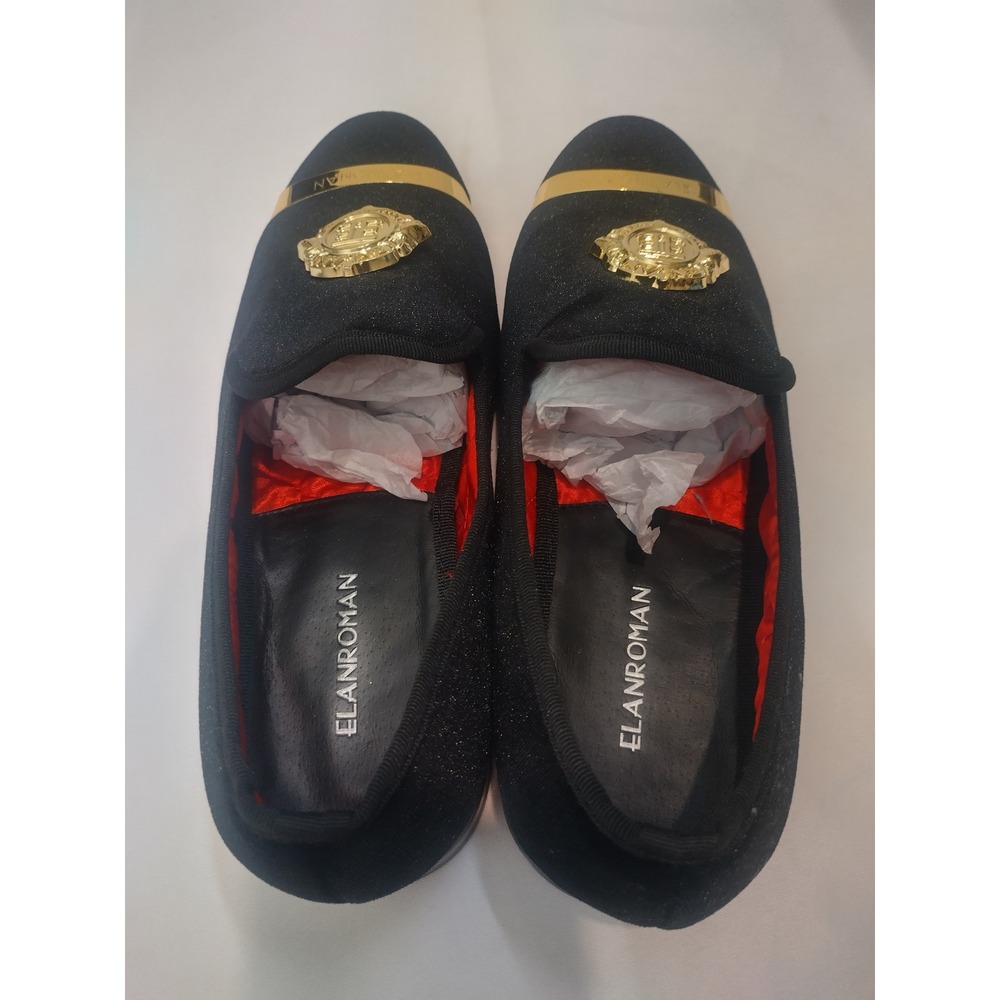 Elanroman Mens Black Velvet Loafers Gold Crest Metal Toe Dress Shoes Size 42 - Picture 5 of 8